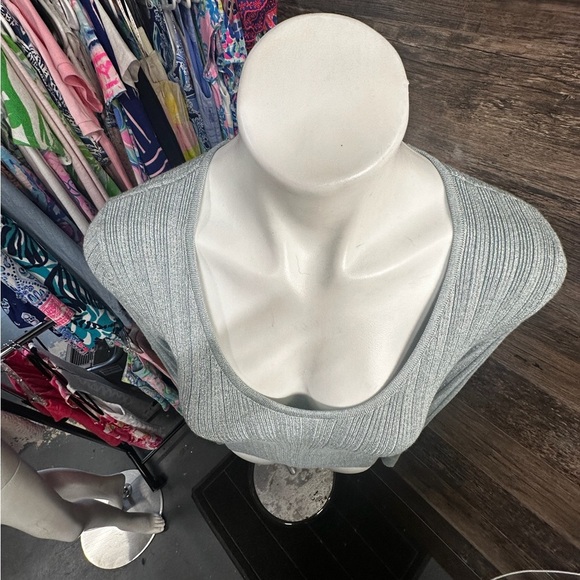 White House Black Market Light Blue Metallic Ribbed Fitted Sweater - Picture 4 of 10